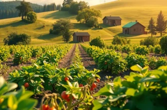 A beautiful orchard displaying an array of fresh vegetables and fruits in a vibrant natural landscape.