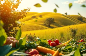 A panoramic view of a vibrant field with diverse organic vegetables and fruits bathed in warm sunlight, reflecting the beauty of mindful eating.