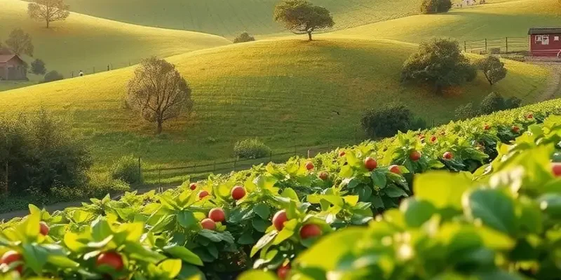 Photorealistic landscape of an abundant organic produce harvest in nature.