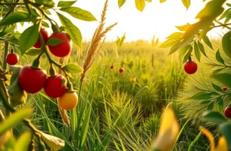 A beautiful landscape featuring sunlight over a variety of fruits and vegetables, representing healthy nourishment in harmony with nature.