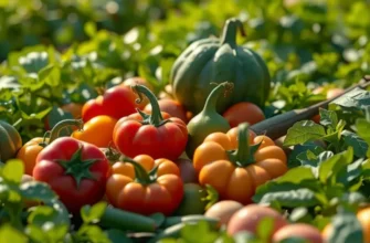 A picturesque landscape filled with lush greenery and colorful fruits and vegetables.