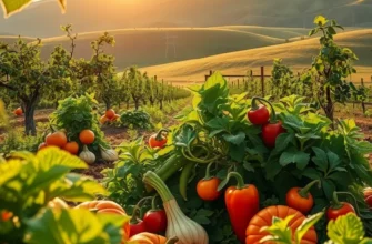 A scenic landscape featuring ripe tomatoes and green plants in warm sunlight.