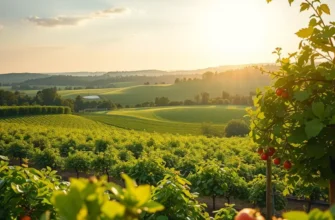 A scenic view of a land filled with fresh fruits and vegetables growing in a healthy environment.