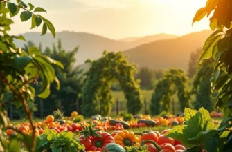 A scenic organic garden bursting with fresh fruits and vegetables.