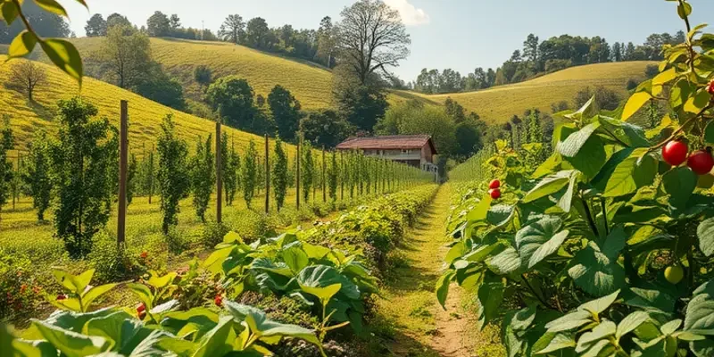 A scenic view depicting an abundant harvest of organic vegetables amid greenery.