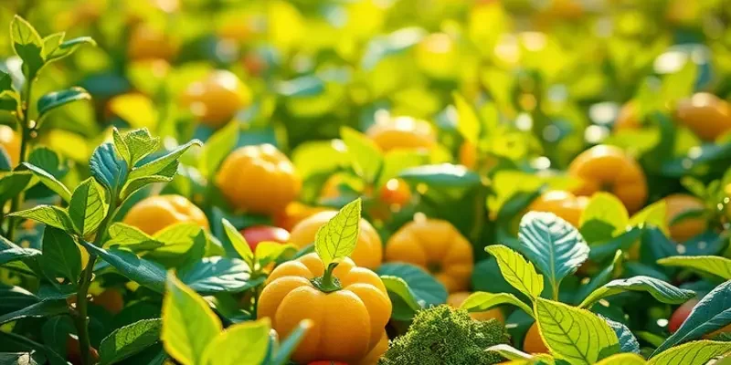 A vibrant sunlit field showcasing an abundance of organic vegetables and fruits surrounded by lush greenery, representing healthy living.