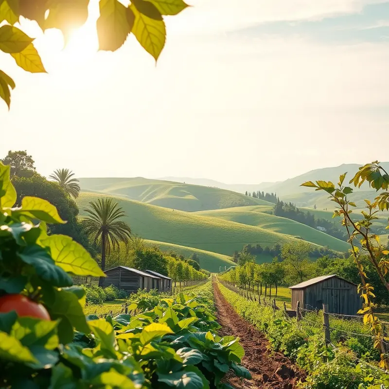 A sunlit landscape showcasing organic herbs and vegetables.