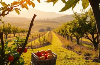 A stunning view of a sunlit orchard lush with various fruits and vegetables, symbolizing organic and healthy ingredient choices.