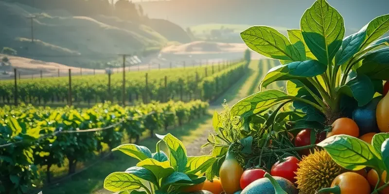 A beautiful orchard showcasing the bounty of organic vegetables and fruits in sunlight.