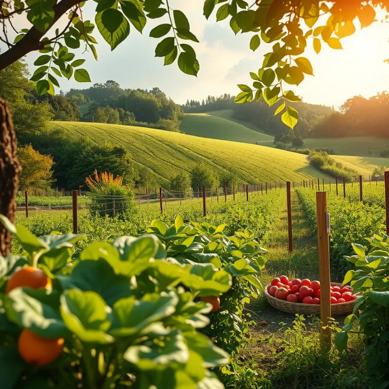A sunlit landscape illustrating the abundance of organic produce.