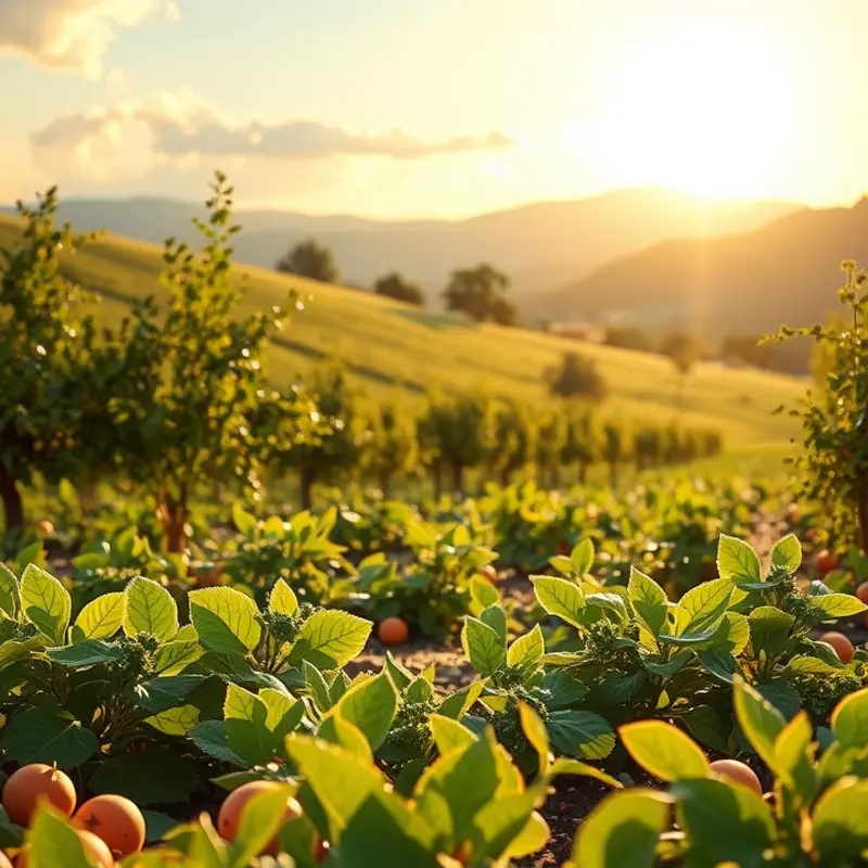 A sunlit landscape illustrating the abundance of organic produce.