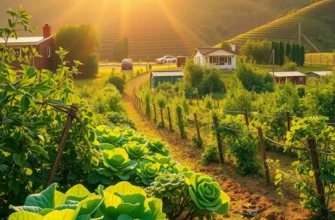 A vibrant natural landscape featuring an assortment of fresh fruits and vegetables among greenery.