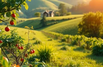 A tranquil landscape filled with healthy, organic produce in a sunlit environment.