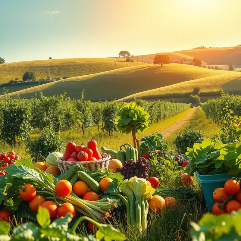 A sunlit field showcasing vibrant fruits and vegetables symbolizing fresh, healthy eating.