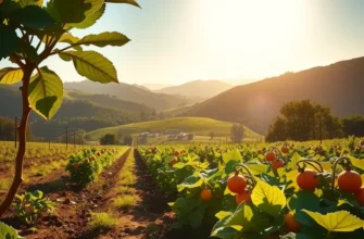 A serene sunlit landscape showcasing vibrant organic vegetables and fruits, symbolizing global culinary traditions.