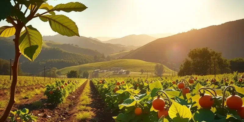 A serene sunlit landscape showcasing vibrant organic vegetables and fruits, symbolizing global culinary traditions.
