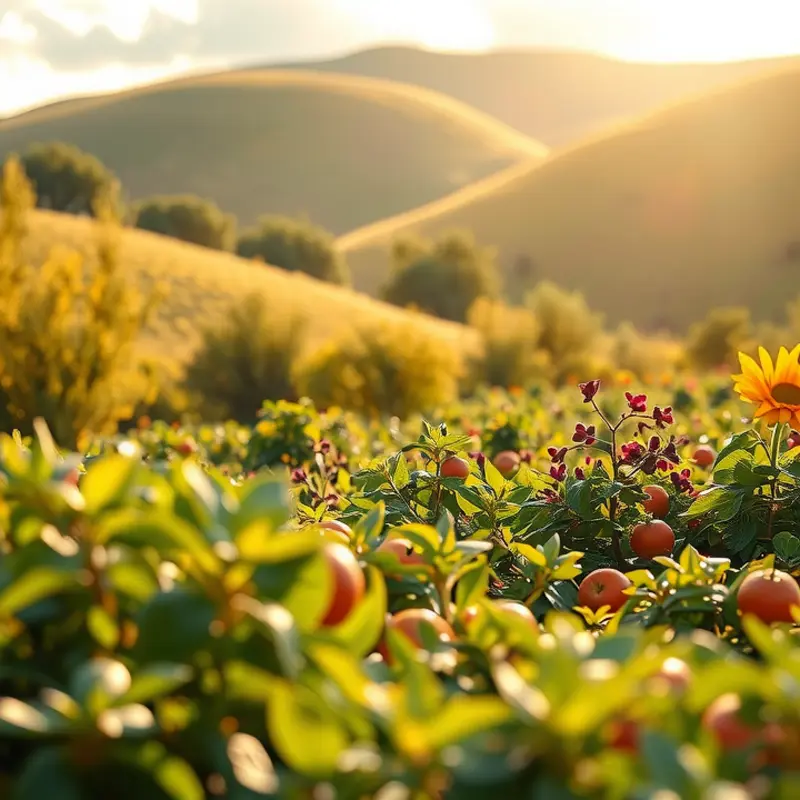 Vibrant vegetables and fruits thriving in a sunlit, organic landscape, symbolizing nutritional abundance for emotional health.