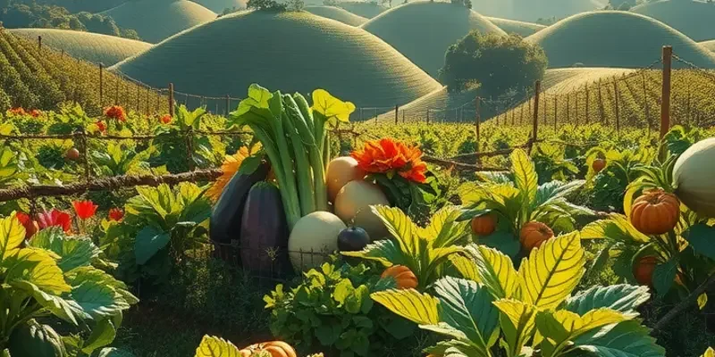 A serene field displaying a variety of organic produce in a harmonious natural setting.