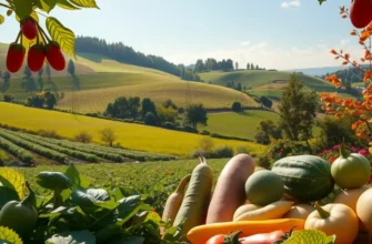 A picturesque sunlit field filled with vibrant fruits and vegetables, symbolizing freshness.