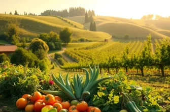 A serene view of a sunlit orchard with a variety of organic fruits and vegetables.