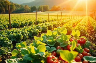 A scenic view of a sunlit orchard with vibrant fruits and vegetables, symbolizing healthy nutrition choices.