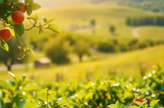 A vibrant sunlit orchard filled with various fresh fruits and vegetables, representing healthy living.