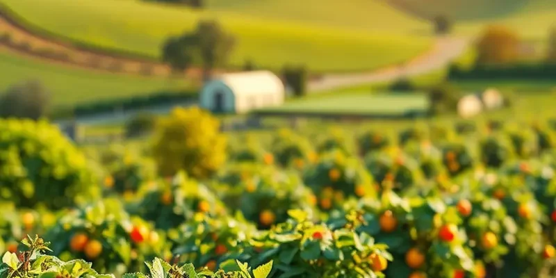 A stunning sunlit field brimming with vibrant fruits and vegetables in a natural setting.