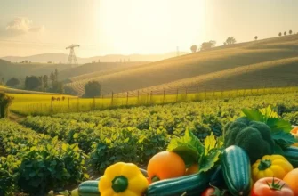 View of a sunlit landscape filled with vibrant fruits and vegetables.