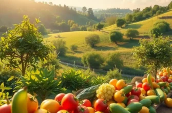 A serene natural landscape displaying vibrant vegetables and fruits in harmony.