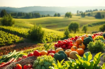 A beautiful sunlit field depicting organic fruits and vegetables surrounded by lush greenery.