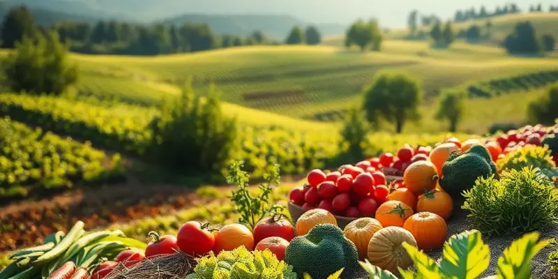 A beautiful sunlit field depicting organic fruits and vegetables surrounded by lush greenery.