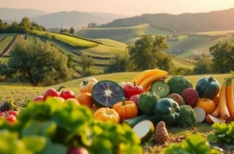 A vibrant sunlit field full of healthy fruits and vegetables, symbolizing the fresh, organic approach of a low-calorie diet.