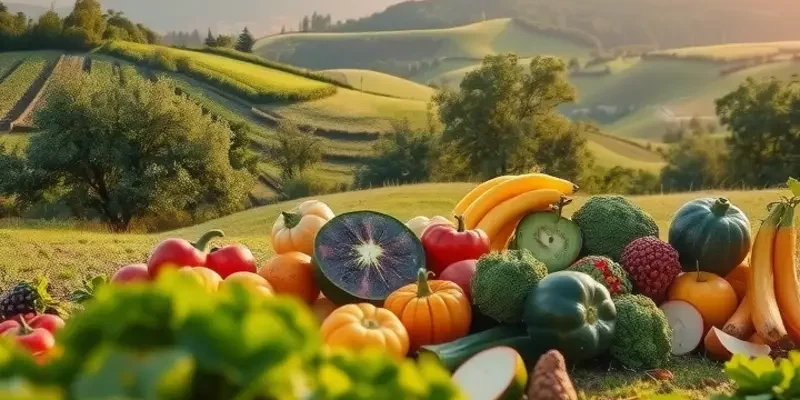 A vibrant sunlit field full of healthy fruits and vegetables, symbolizing the fresh, organic approach of a low-calorie diet.