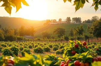 A vibrant natural scene showcasing organic vegetables and fruits under a sunny sky.