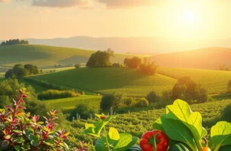 Sunlit field showing vibrant fruits and vegetables in a natural landscape.