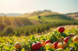 A scenic field with fresh fruits and vegetables, representing healthy nutrition.