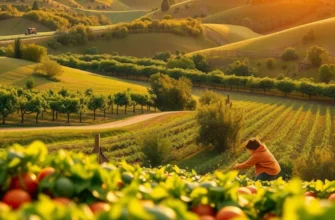 Vibrant landscape depicting a sunlit field filled with organic vegetables and fruits.