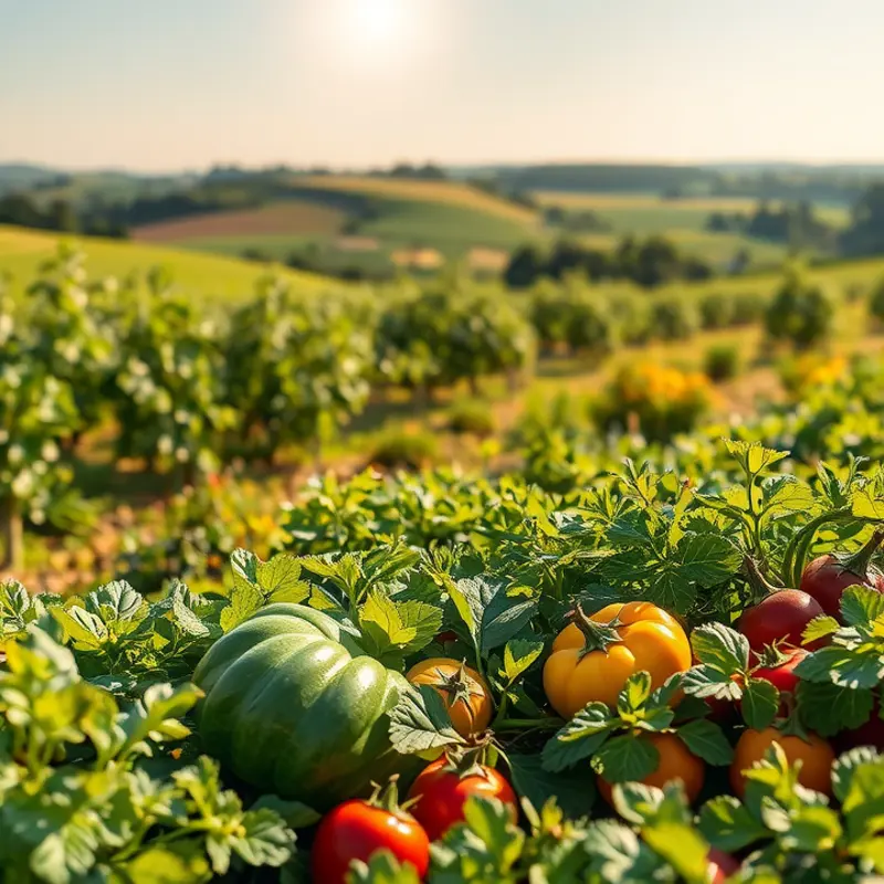 Lush organic landscape with vibrant vegetables and fruits.