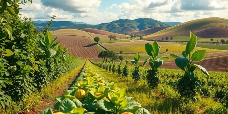 Photorealistic field landscape featuring assorted organic produce.
