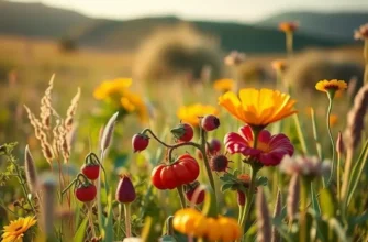 A sunlit organic field filled with a variety of colorful fruits and vegetables, highlighting the beauty of sustainable agriculture.