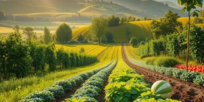 A picturesque landscape featuring an orchard with fresh fruits and vegetables, surrounded by lush greenery.