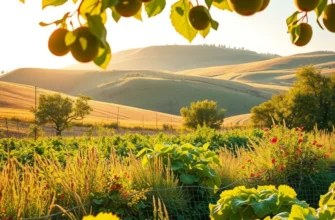 A vibrant orchard landscape showcasing an abundance of fresh fruits and vegetables representing healthy eating.