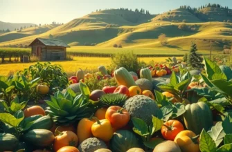 Photorealistic landscape showcasing various vegetables and fruits in a natural setting.