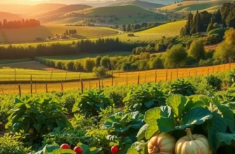 A beautiful landscape filled with vibrant vegetables and fruits in a sunlit field.