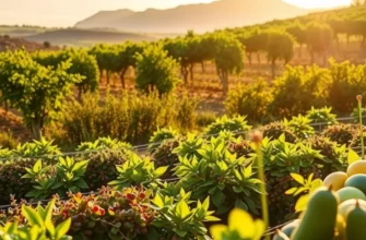 A peaceful sunlit field with vibrant vegetables and fruits symbolizing healthy nutrition.