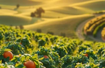 A sunlit field rich in organic fruits and vegetables surrounded by green hills.