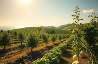 A picturesque landscape featuring an orchard filled with vibrant vegetables and fruits, symbolizing healthy eating practices.
