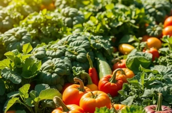 A lush, sunlit landscape filled with organic vegetables and fruits, highlighting natural abundance.