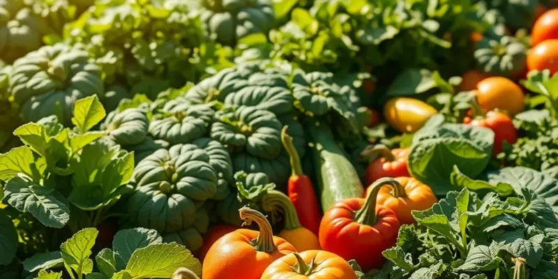 A lush, sunlit landscape filled with organic vegetables and fruits, highlighting natural abundance.