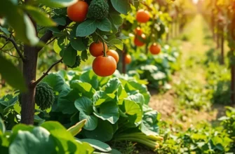 A sunlit field with vibrant organic vegetables and fruits, highlighting a rich and abundant harvest.